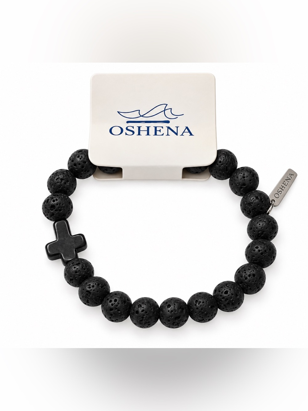 Oshena Black lava stones cross Beaded Bracelet UNISEX